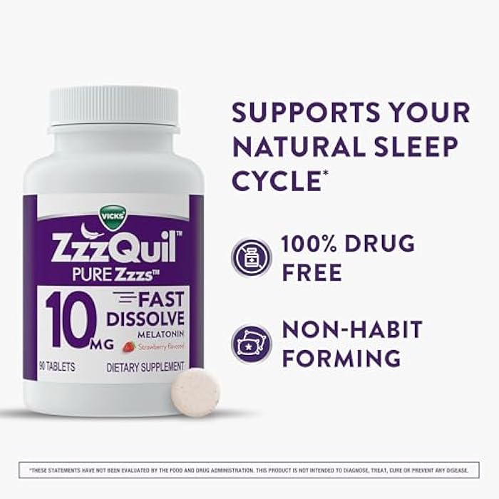 ZzzQuil Pure Zzzs ميلاتونين سريع الذوبان، ميلاتونين 10mg، مكمل مساعد للنوم، مساعدات النوم للبالغين، بنكهة الفراولة، 90 قرص ميلاتونين سريع الذوبان - Image 3