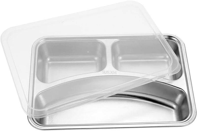 ERINGOGO ERINGOGO Metal Sectioned Plate Stainless Steel Divided Plates with Lid Rectangular Dinner Tray Diet Plate with 3 Sections Steckable Serving Platter Snack Fruit Plate for Campers - Image 1