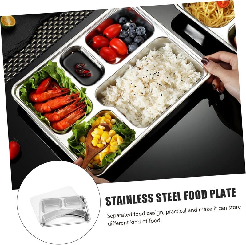ERINGOGO ERINGOGO Metal Sectioned Plate Stainless Steel Divided Plates with Lid Rectangular Dinner Tray Diet Plate with 3 Sections Steckable Serving Platter Snack Fruit Plate for Campers - Image 4
