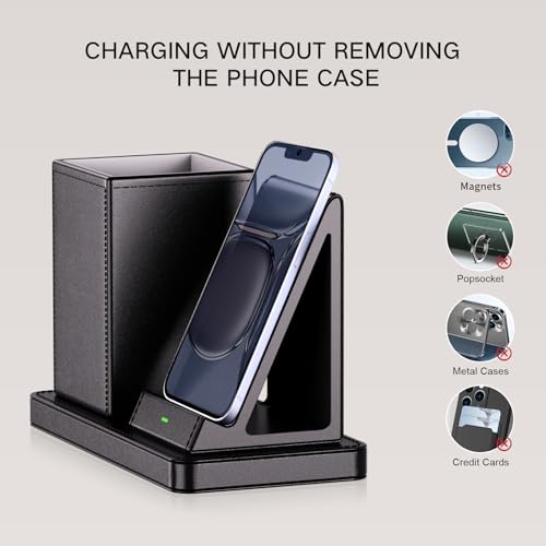 LADSTAG Multi-Functional Pen Holder for Desk,Black Vegan Leather Desk Organizers with Remote Control Holder,Pencil Holder for Desk,Desk Organizer with Phone Wireless Charger for Office/Nightstand/Endtable - Image 5
