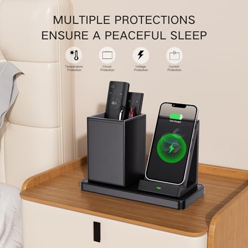 LADSTAG Multi-Functional Pen Holder for Desk,Black Vegan Leather Desk Organizers with Remote Control Holder,Pencil Holder for Desk,Desk Organizer with Phone Wireless Charger for Office/Nightstand/Endtable - Image 4