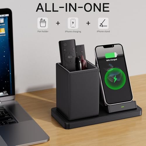 LADSTAG Multi-Functional Pen Holder for Desk,Black Vegan Leather Desk Organizers with Remote Control Holder,Pencil Holder for Desk,Desk Organizer with Phone Wireless Charger for Office/Nightstand/Endtable - Image 3