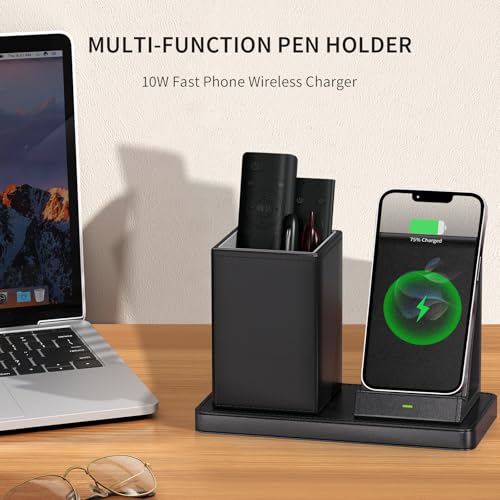 LADSTAG Multi-Functional Pen Holder for Desk,Black Vegan Leather Desk Organizers with Remote Control Holder,Pencil Holder for Desk,Desk Organizer with Phone Wireless Charger for Office/Nightstand/Endtable - Image 2