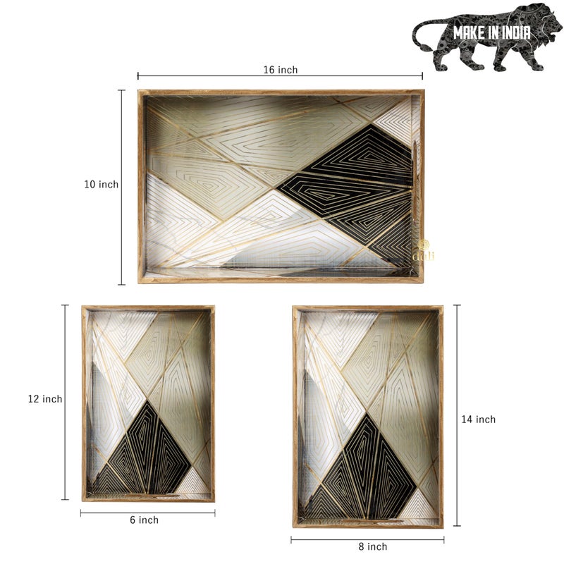 DULI مجموعة من 3 صواني خشبية مطلية بطبقة لامعة مقاومة للماء - تصميم هندسي تجريدي، مجموعة صواني تقديم متعددة الاستخدامات من MDF مع مقابض (16x10، 14x8، 12x6 بوصة) (مجموعة متميزة من 3 - هندسي) - Image 5