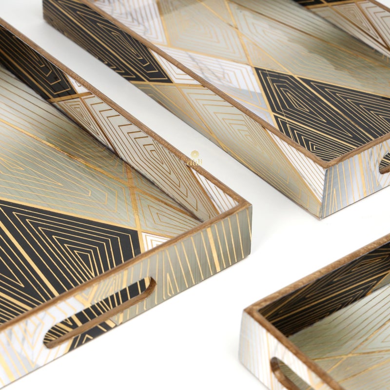 DULI مجموعة من 3 صواني خشبية مطلية بطبقة لامعة مقاومة للماء - تصميم هندسي تجريدي، مجموعة صواني تقديم متعددة الاستخدامات من MDF مع مقابض (16x10، 14x8، 12x6 بوصة) (مجموعة متميزة من 3 - هندسي) - Image 3