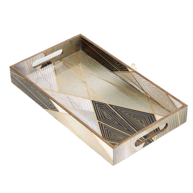 DULI مجموعة من 3 صواني خشبية مطلية بطبقة لامعة مقاومة للماء - تصميم هندسي تجريدي، مجموعة صواني تقديم متعددة الاستخدامات من MDF مع مقابض (16x10، 14x8، 12x6 بوصة) (مجموعة متميزة من 3 - هندسي) - Image 4