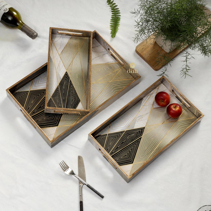 DULI مجموعة من 3 صواني خشبية مطلية بطبقة لامعة مقاومة للماء - تصميم هندسي تجريدي، مجموعة صواني تقديم متعددة الاستخدامات من MDF مع مقابض (16x10، 14x8، 12x6 بوصة) (مجموعة متميزة من 3 - هندسي) - Image 1