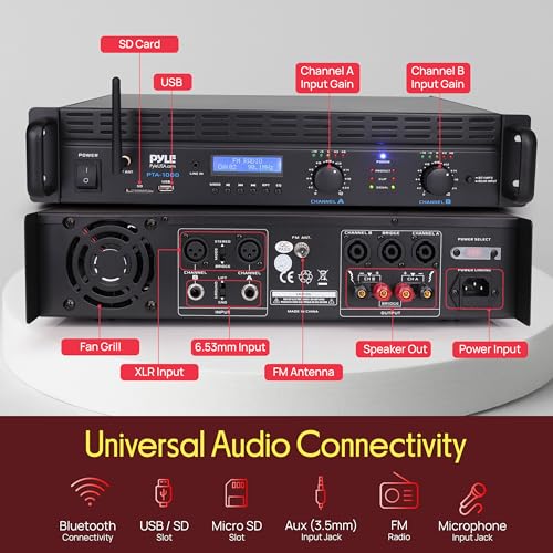 Pyle 2-Channel Rack Mount Power Amplifier with Bluetooth - 2000W Bridgeable with TRS XLR Input, Speakon Outputs, USB-A Input with MP3 Player, Bridge Mode, Cooling Fan, LED Level Meters - PTA1000BT - Image 3