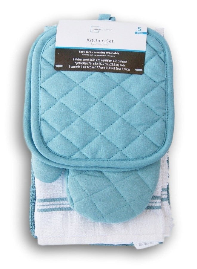 Mainstay Topaz Kitchen Towel Set 5 Piece - Pot Holders, Oven Mitt and Terry Kitchen Towels - Image 1