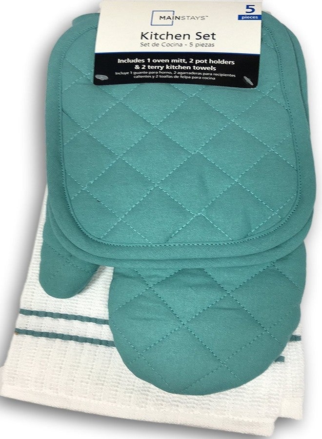 Mainstay Topaz Kitchen Towel Set 5 Piece - Pot Holders, Oven Mitt and Terry Kitchen Towels - Image 3