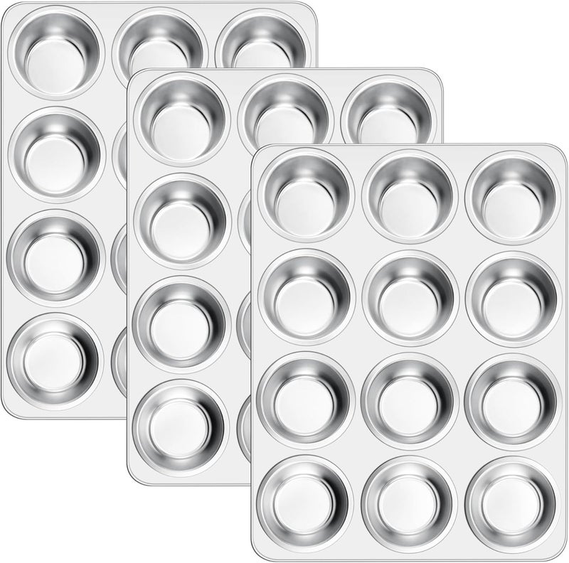 E-far 12-Cup Muffin Pan Set of 3, Stainless Steel Cupcake Pan Tins, Non-Toxic Metal Cupcake Tray for Baking Small Muffin Cakes, Heavy Duty & Regular Size, Rust Free & Dishwasher Safe Protective coating - Image 1