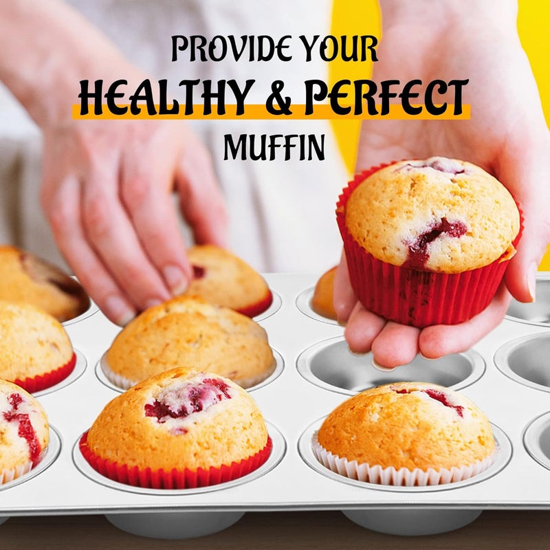 E-far 12-Cup Muffin Pan Set of 3, Stainless Steel Cupcake Pan Tins, Non-Toxic Metal Cupcake Tray for Baking Small Muffin Cakes, Heavy Duty & Regular Size, Rust Free & Dishwasher Safe Protective coating - Image 4
