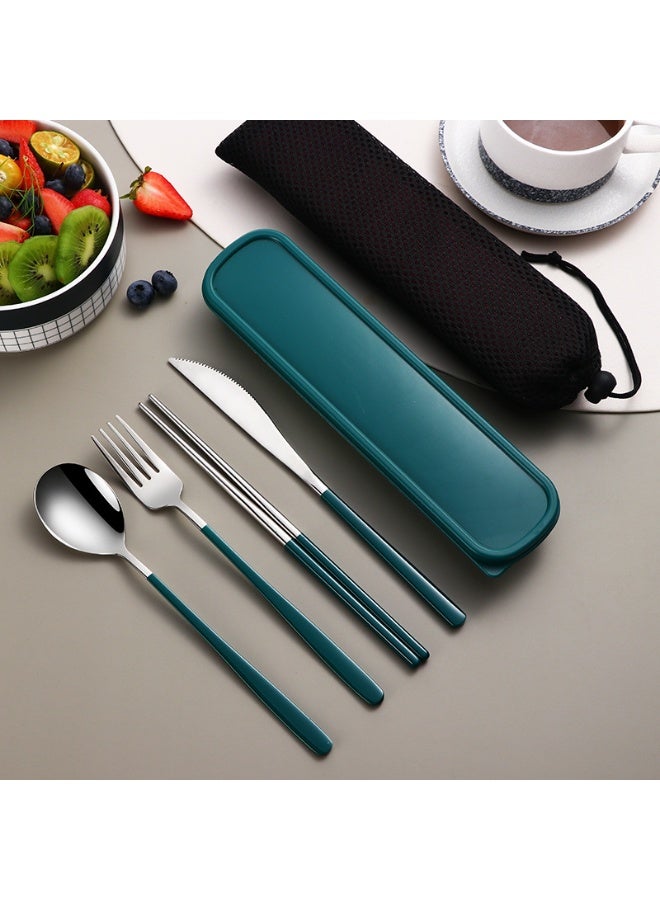 6 Pieces Stainless Steel Flatware Set, Portable Reusable Cutlery Set, Travel Utensils Set, Including Chopsticks, Knife, Fork, Spoon, Storage Box, Net Bag (Green Silver) - Image 1