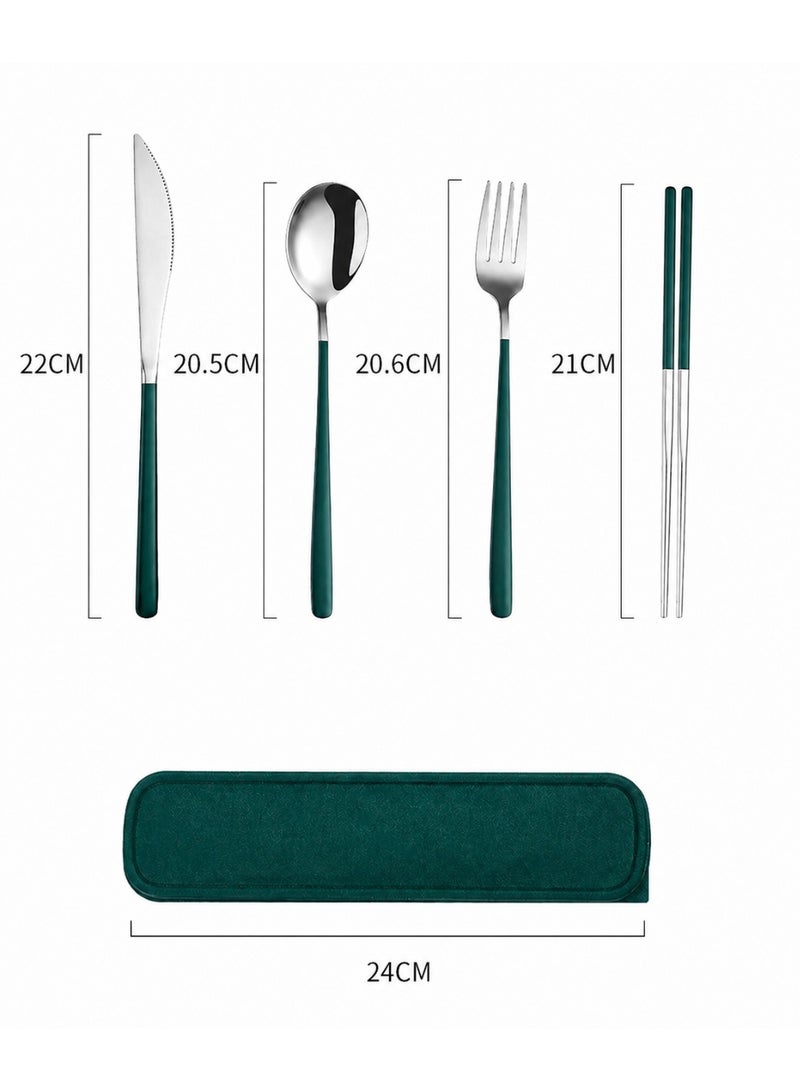 6 Pieces Stainless Steel Flatware Set, Portable Reusable Cutlery Set, Travel Utensils Set, Including Chopsticks, Knife, Fork, Spoon, Storage Box, Net Bag (Green Silver) - Image 2