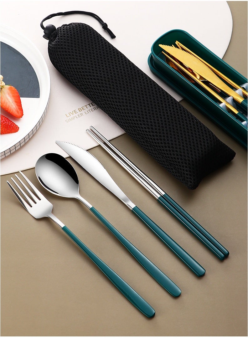 6 Pieces Stainless Steel Flatware Set, Portable Reusable Cutlery Set, Travel Utensils Set, Including Chopsticks, Knife, Fork, Spoon, Storage Box, Net Bag (Green Silver) - Image 5