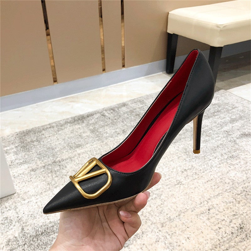32-45 Size New Pointed Stiletto Heel Shoes Women'S Low Mouth All-Match Fashion V Buckle Professional Work Leather Shoes Women - Image 1