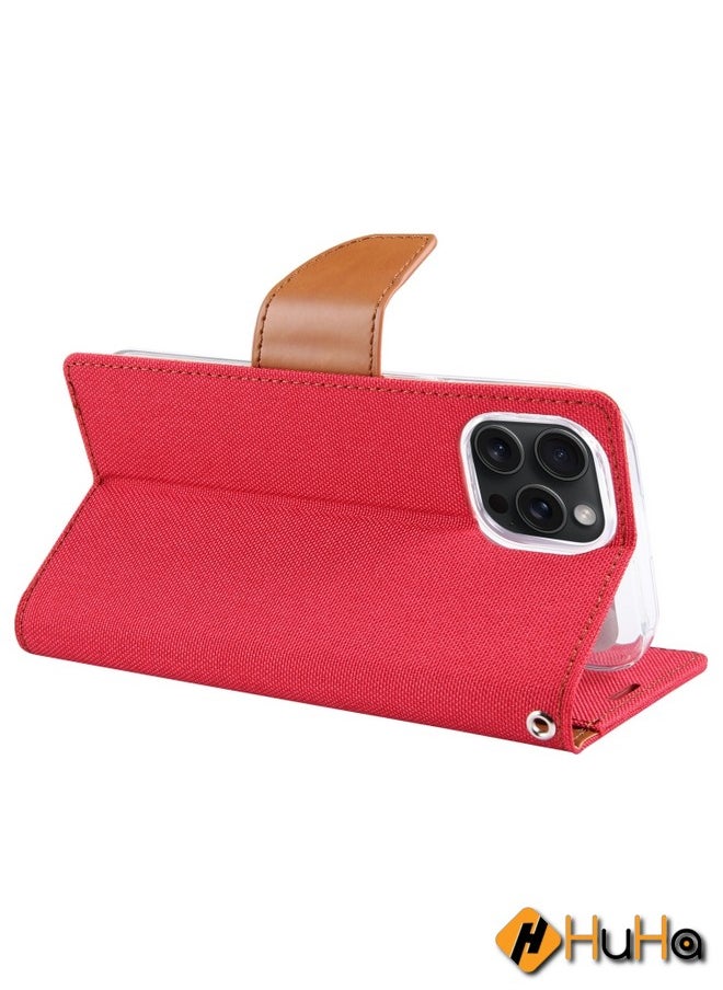 Generic - Case Cover For iPhone 15 Pro GOOSPERY CANVAS DIARY Fabric Texture Flip Leather Phone Case Red - Image 1