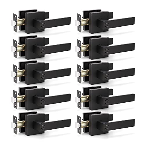 KNOBWELL 10 Pack Heavy Duty 2.07lb Black Door Knobs Bulk Door Handles Privacy Interior Door Handle Levers, Square Door Handles Lock with Thumb Turn(No Key) - Image 1