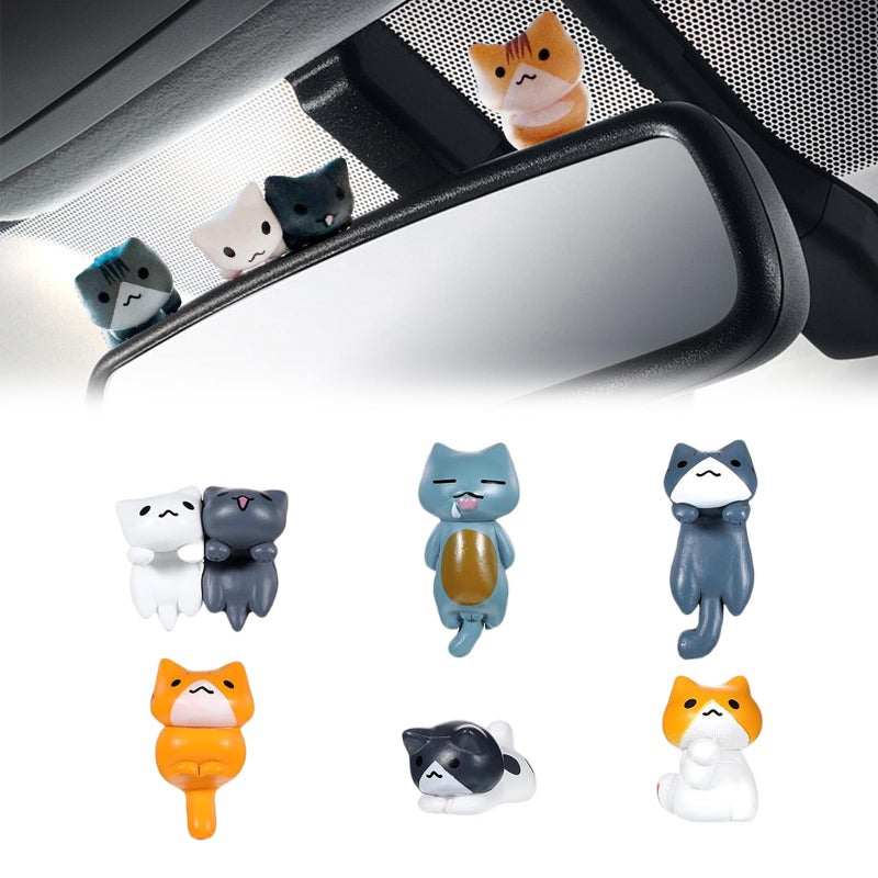 TSTESE Car Cute Cat Decor Rearview Mirror Ornaments Decorations Dashboard Truck Interior Ornament Decorate Funny Pussy Figure EV Decorative Gifts RV Decors Universal Accessories Cartoon Animals (6 Pcs) - Image 1