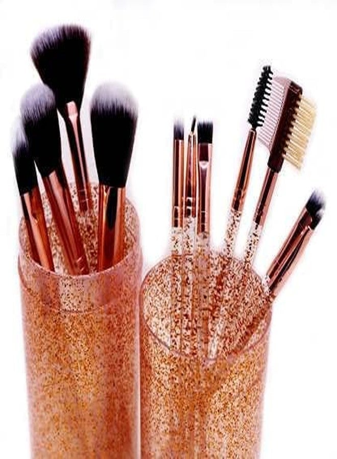 M.S TRADERS Makeup Brush Set With Storage Barrel | Nylon Bristle Makeup Brush Set With Pouch Pack of 12 (Shiny Cooper) - Image 2