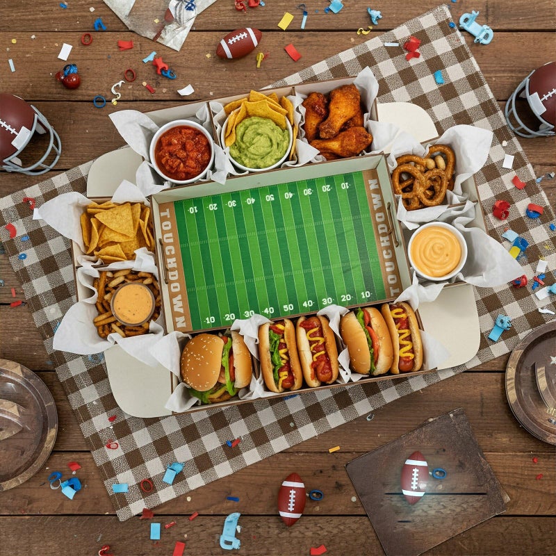 FoldTier Football Charcuterie Board Reusable Wooden Football Stadium Food Tray Sport Party Supplies Kit 50 Pcs Oil-Proof Paper Snack Food Serving Tray for Tailgate Sport Party Table Decorations - Image 3