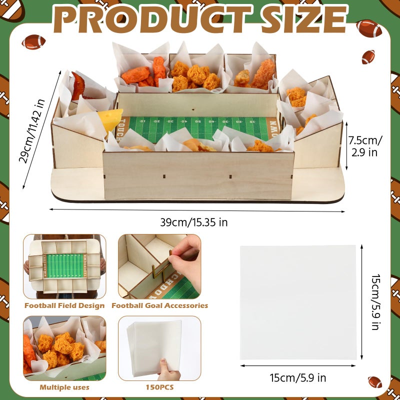 FoldTier Football Charcuterie Board Reusable Wooden Football Stadium Food Tray Sport Party Supplies Kit 50 Pcs Oil-Proof Paper Snack Food Serving Tray for Tailgate Sport Party Table Decorations - Image 2