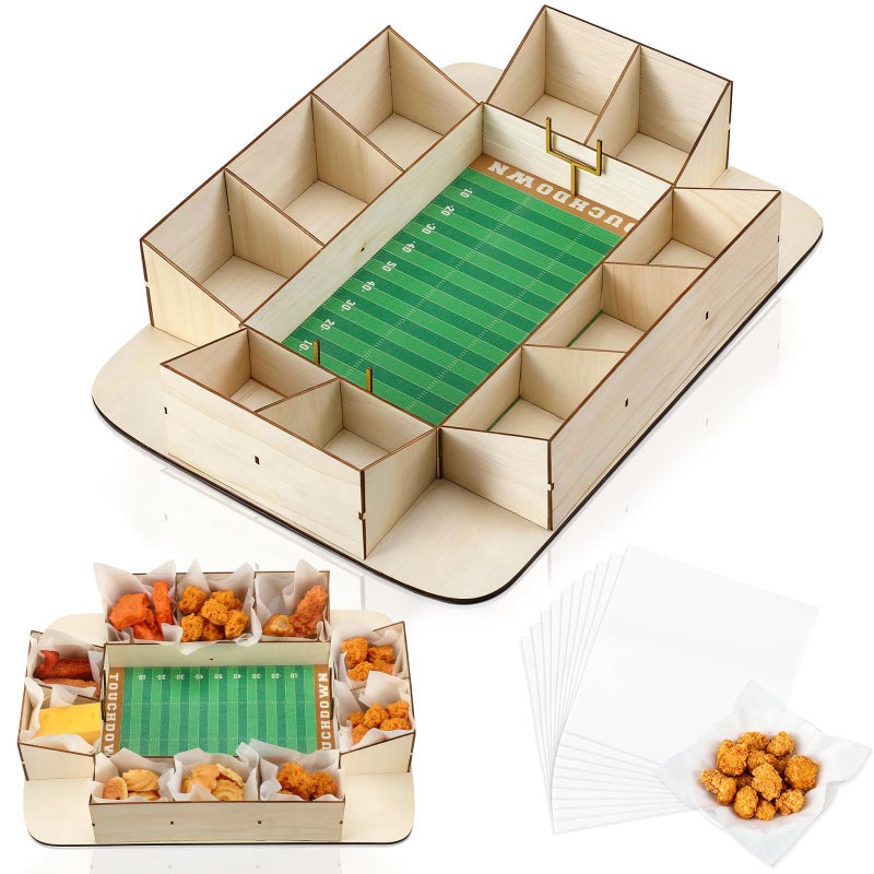 FoldTier Football Charcuterie Board Reusable Wooden Football Stadium Food Tray Sport Party Supplies Kit 50 Pcs Oil-Proof Paper Snack Food Serving Tray for Tailgate Sport Party Table Decorations - Image 1