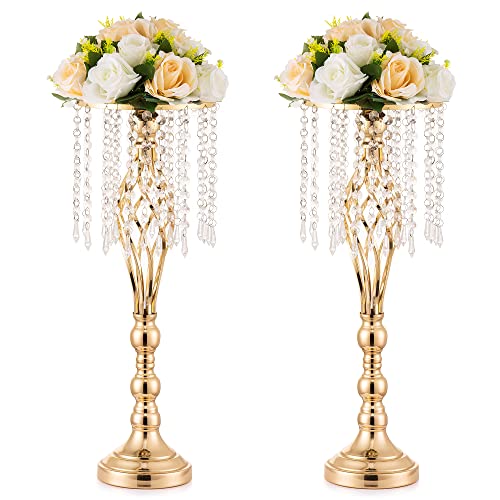 Inweder Wedding Centerpiece Table Decorations  2 Pcs Gold Vase for Centerpieces with Chandelier Crystals 217in Tall Flower Vase Wedding Metal Flower Stand for Event Birthday Home Decoration