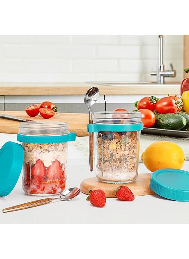 Overnight Oats Jars with Spoon and Lid 10 oz [2 Pack], Airtight Oatmeal Container with Measurement Marks, Jars with Lid for Cereal On The Go Container (2 pcs green)