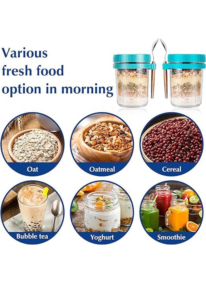 Overnight Oats Jars with Spoon and Lid 10 oz [2 Pack], Airtight Oatmeal Container with Measurement Marks, Jars with Lid for Cereal On The Go Container (2 pcs green)