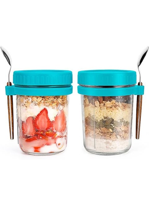 Overnight Oats Jars with Spoon and Lid 10 oz [2 Pack], Airtight Oatmeal Container with Measurement Marks, Jars with Lid for Cereal On The Go Container (2 pcs green)