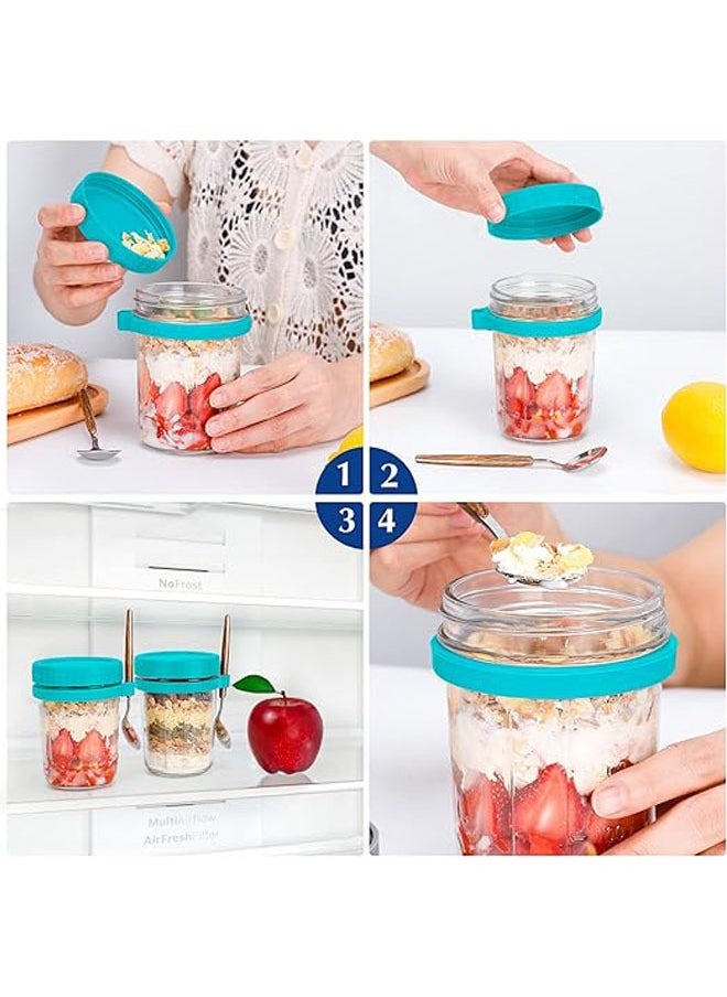 Overnight Oats Jars with Spoon and Lid 10 oz [2 Pack], Airtight Oatmeal Container with Measurement Marks, Jars with Lid for Cereal On The Go Container (2 pcs green)