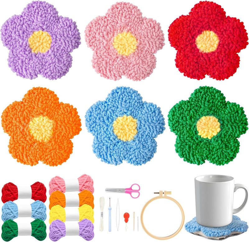 WATINC Flower Punch Needle Coaster Kit - 22Pcs Crafts Punch Needle Coasters Kits for Beginners, Flower Patterns Tufted Rug Pads with Adhesive Felt Yarns Embroidery Hoop Instruction - Image 1