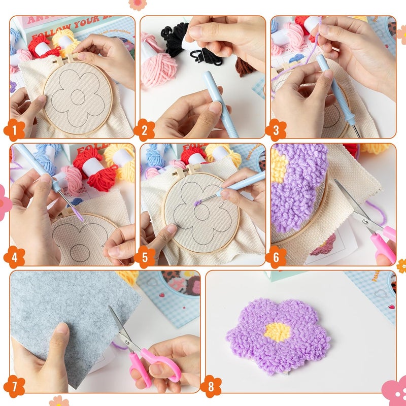 WATINC Flower Punch Needle Coaster Kit - 22Pcs Crafts Punch Needle Coasters Kits for Beginners, Flower Patterns Tufted Rug Pads with Adhesive Felt Yarns Embroidery Hoop Instruction - Image 3