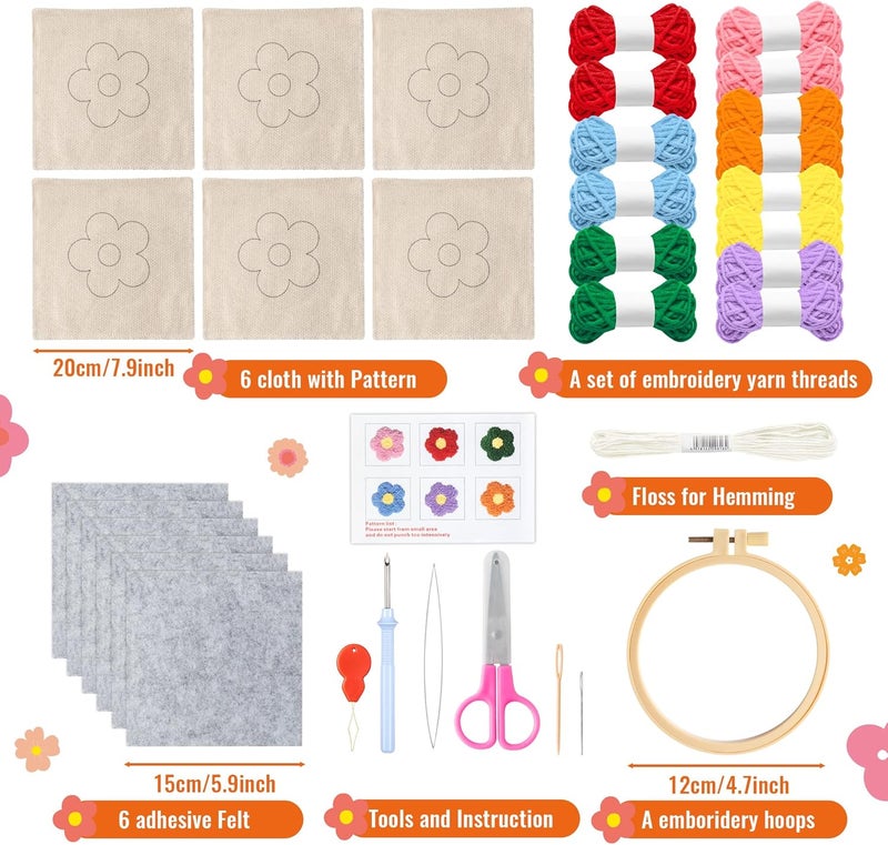 WATINC Flower Punch Needle Coaster Kit - 22Pcs Crafts Punch Needle Coasters Kits for Beginners, Flower Patterns Tufted Rug Pads with Adhesive Felt Yarns Embroidery Hoop Instruction - Image 2