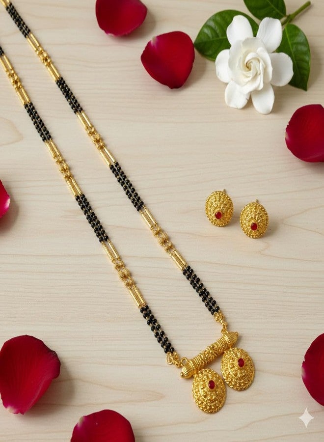 قلادة مانجالسوترا تقليدية مطلية بالذهب من AAIKU مع سلسلة من الخرز الأسود وقلادة فاتي مصممة، مجوهرات زفاف للنساء (36 بوصة) - Image 4