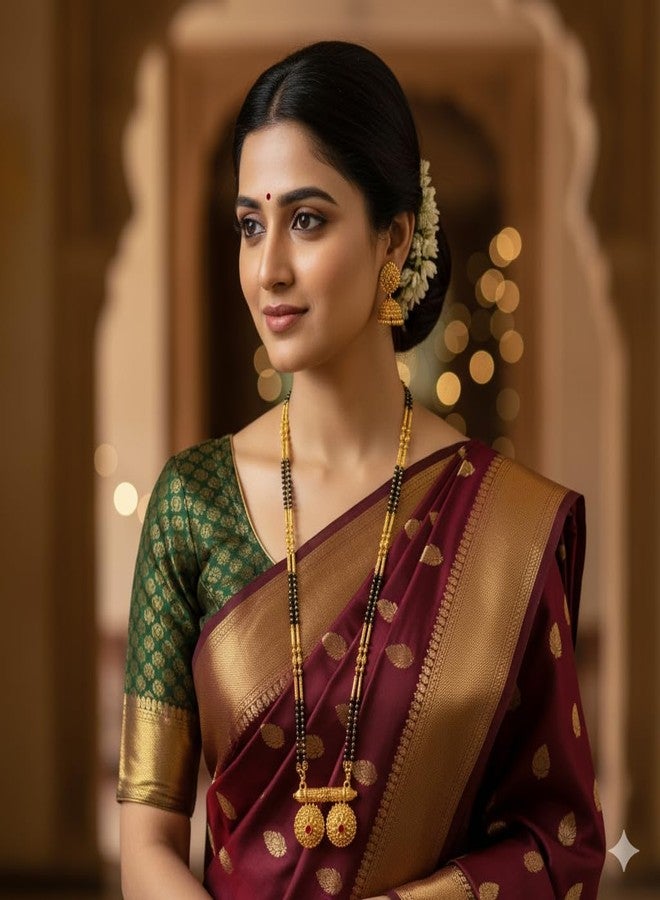 قلادة مانجالسوترا تقليدية مطلية بالذهب من AAIKU مع سلسلة من الخرز الأسود وقلادة فاتي مصممة، مجوهرات زفاف للنساء (36 بوصة) - Image 2