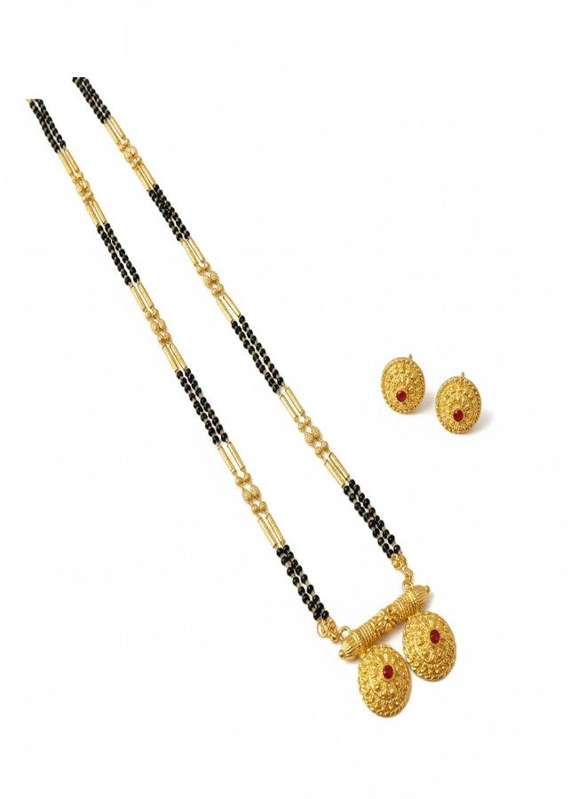 قلادة مانجالسوترا تقليدية مطلية بالذهب من AAIKU مع سلسلة من الخرز الأسود وقلادة فاتي مصممة، مجوهرات زفاف للنساء (36 بوصة) - Image 1