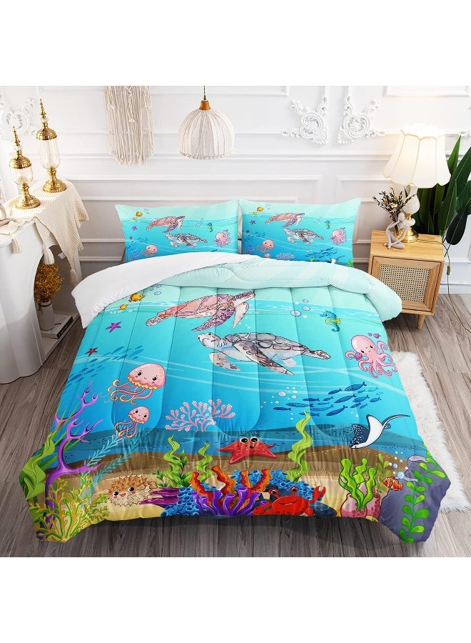 XYNHML Turtle Comforter Set Full Ocean Watercolor Sea Turtle Bedding Set Tropical Fish Marine Life Bed Set with 2 Pillowcases for Kids Room Decor  - Image 1