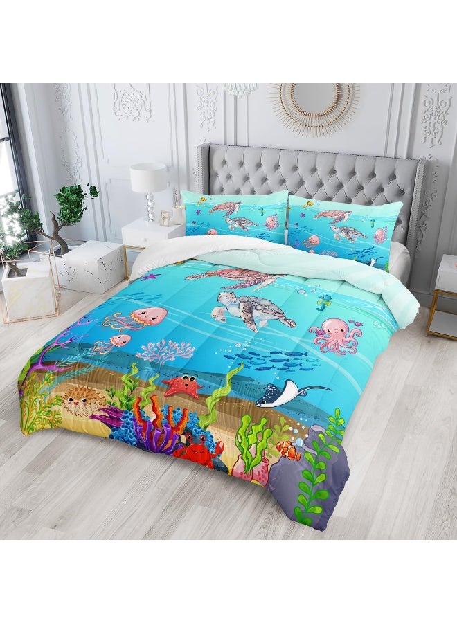 XYNHML Turtle Comforter Set Full Ocean Watercolor Sea Turtle Bedding Set Tropical Fish Marine Life Bed Set with 2 Pillowcases for Kids Room Decor  - Image 4