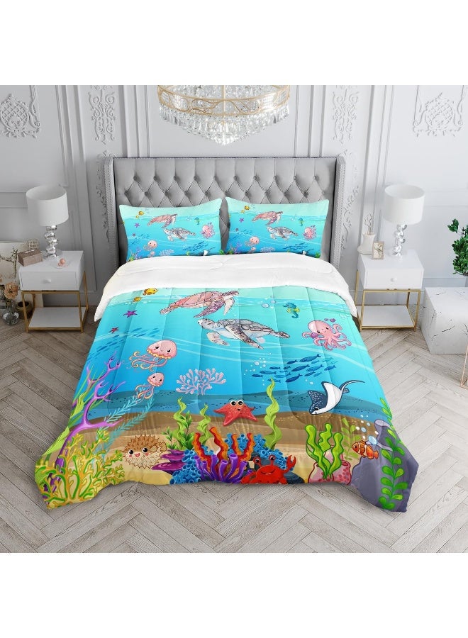 XYNHML Turtle Comforter Set Full Ocean Watercolor Sea Turtle Bedding Set Tropical Fish Marine Life Bed Set with 2 Pillowcases for Kids Room Decor  - Image 5