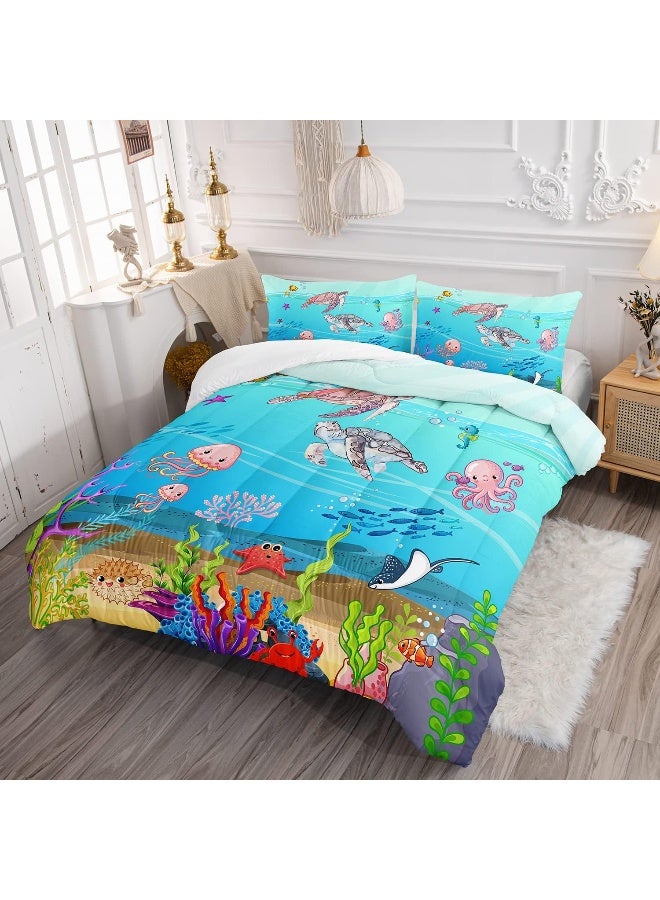 XYNHML Turtle Comforter Set Full Ocean Watercolor Sea Turtle Bedding Set Tropical Fish Marine Life Bed Set with 2 Pillowcases for Kids Room Decor  - Image 2