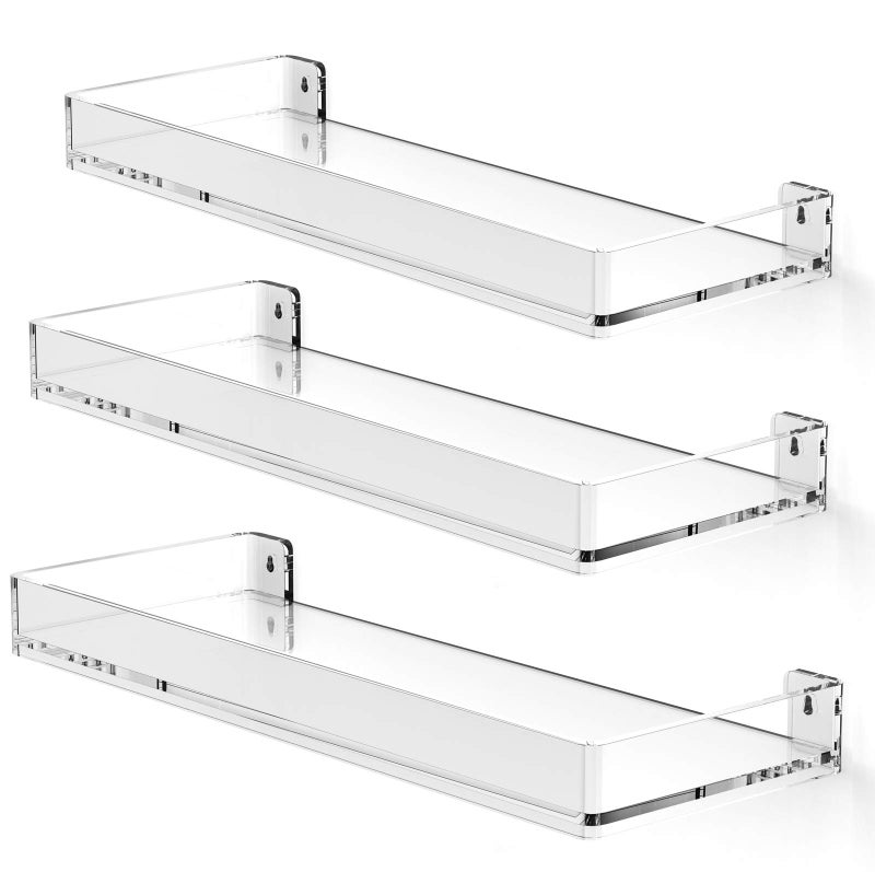 MaxGear Acrylic Clear Floating Shelves with Edge Wall Mounted Hanging Bookshelves Decorative Display Wall Shelves Storage Organizer for Bathroom Bedroom Kitchen Easy Installation Set of 3