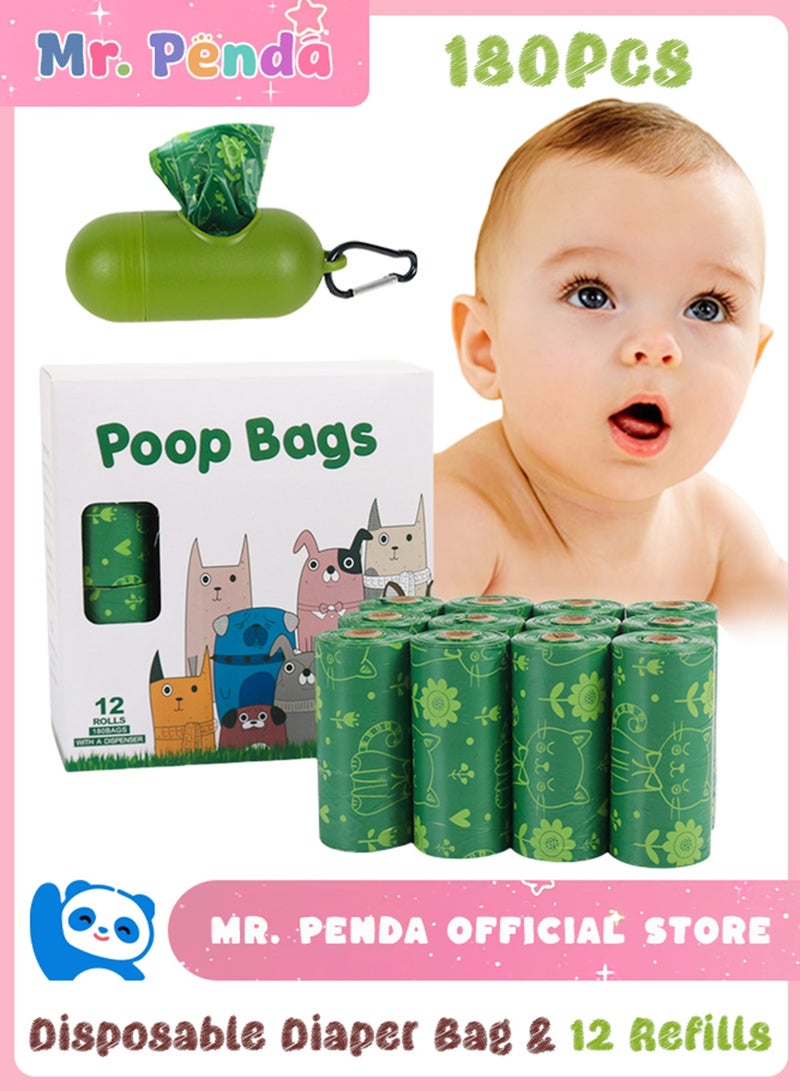 Mr. Penda 180PCS Diaper Bag Refills, Biodegradable baby diaper bag, Complimentary trash bag dispenser, Lemon Scented Diaper Bags Disposable for Nappies, Rubbish (Green)  - Image 1