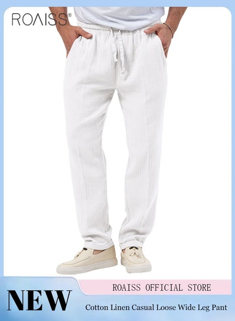 Mens Casual Linen Pants Loose Fit Straight-Legs Elastic Drawstring Waist Summer Beach Yoga Long Pants