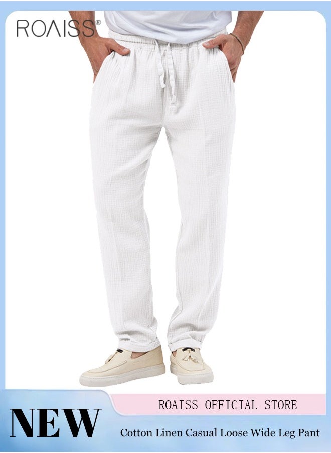 roaiss - Mens Casual Linen Pants Loose Fit Straight-Legs Elastic Drawstring Waist Summer Beach Yoga Long Pants - Image 1