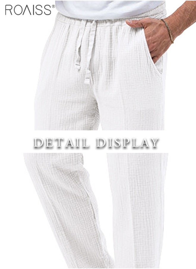 roaiss - Mens Casual Linen Pants Loose Fit Straight-Legs Elastic Drawstring Waist Summer Beach Yoga Long Pants - Image 1