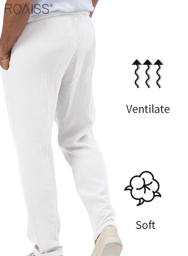 رويس بنطال رجالي كتان كاجوال صيفي، بقصة فضفاضة مستقيمة وخصر مطاطي مريح برباط، مناسب للارتداء اليومي، خفيف الوزن، مصنوع من قماش يسمح بمرور الهواء ويحافظ على انتعاشك طوال اليوم، لون أبيض - Image 2