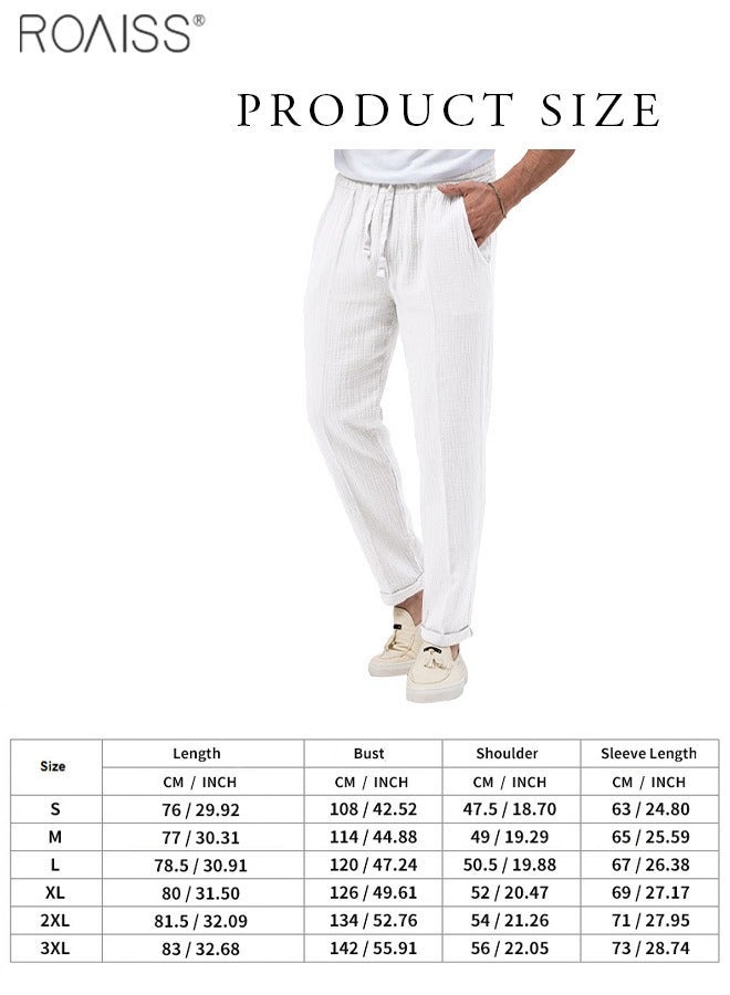 رويس بنطال رجالي كتان كاجوال صيفي، بقصة فضفاضة مستقيمة وخصر مطاطي مريح برباط، مناسب للارتداء اليومي، خفيف الوزن، مصنوع من قماش يسمح بمرور الهواء ويحافظ على انتعاشك طوال اليوم، لون أبيض - Image 4