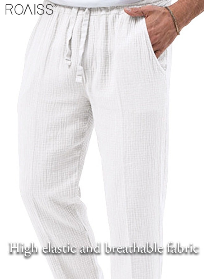 رويس بنطال رجالي كتان كاجوال صيفي، بقصة فضفاضة مستقيمة وخصر مطاطي مريح برباط، مناسب للارتداء اليومي، خفيف الوزن، مصنوع من قماش يسمح بمرور الهواء ويحافظ على انتعاشك طوال اليوم، لون أبيض - Image 3